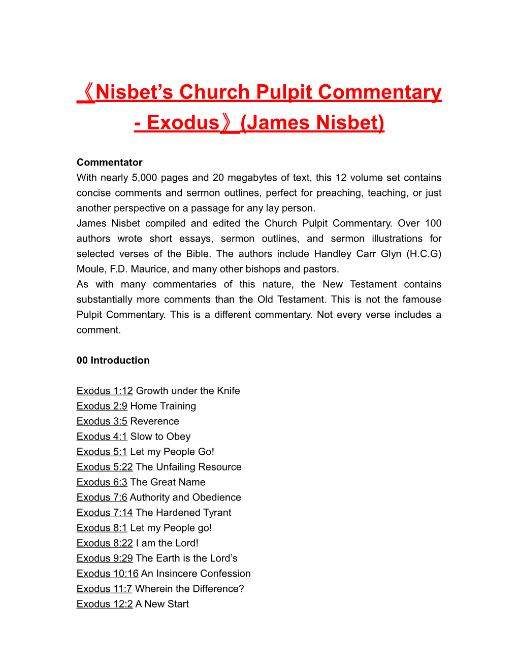 Nisbet S Churchpulpit Commentary - Exodus (James Nisbet)