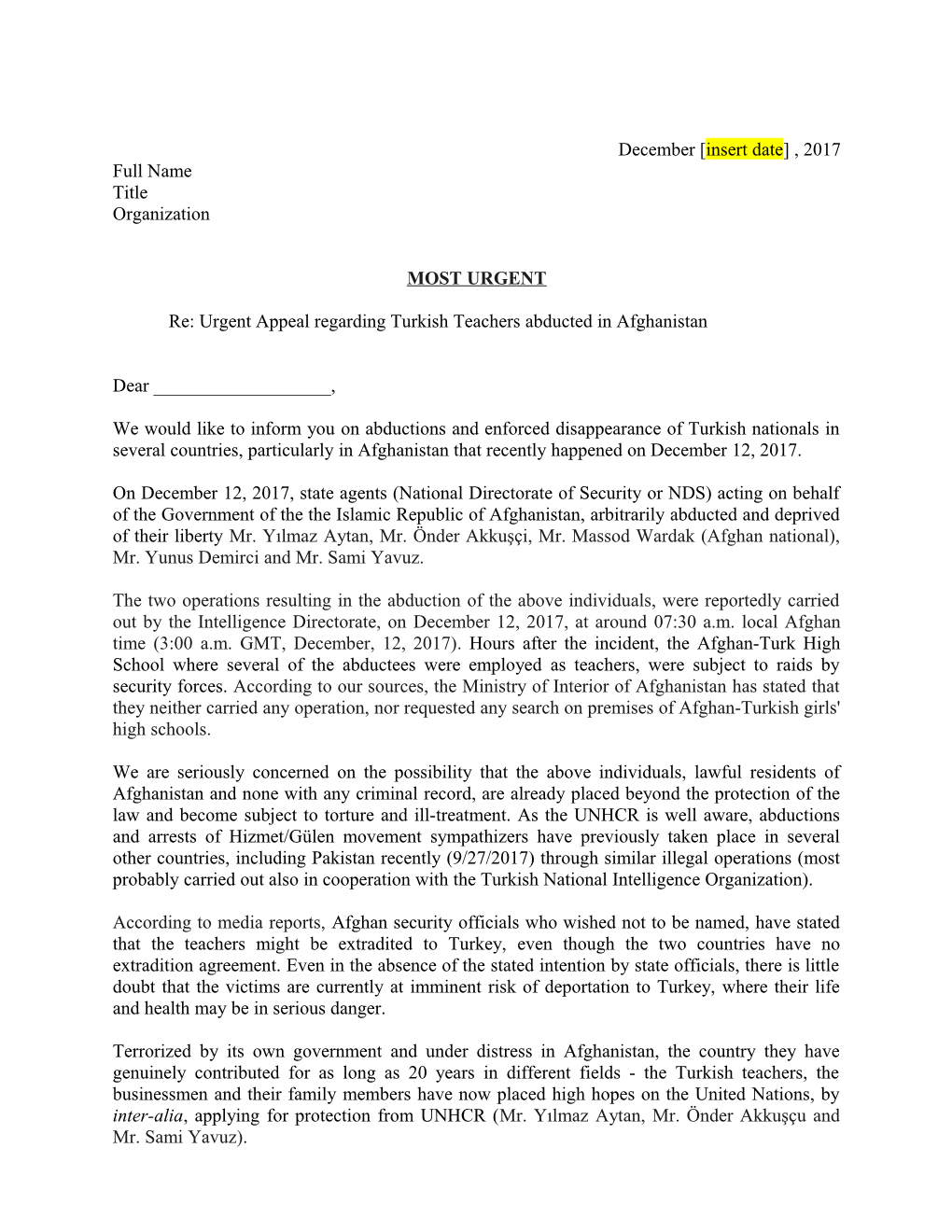 Re: Urgent Appeal Regarding Turkish Teachers Abducted in Afghanistan