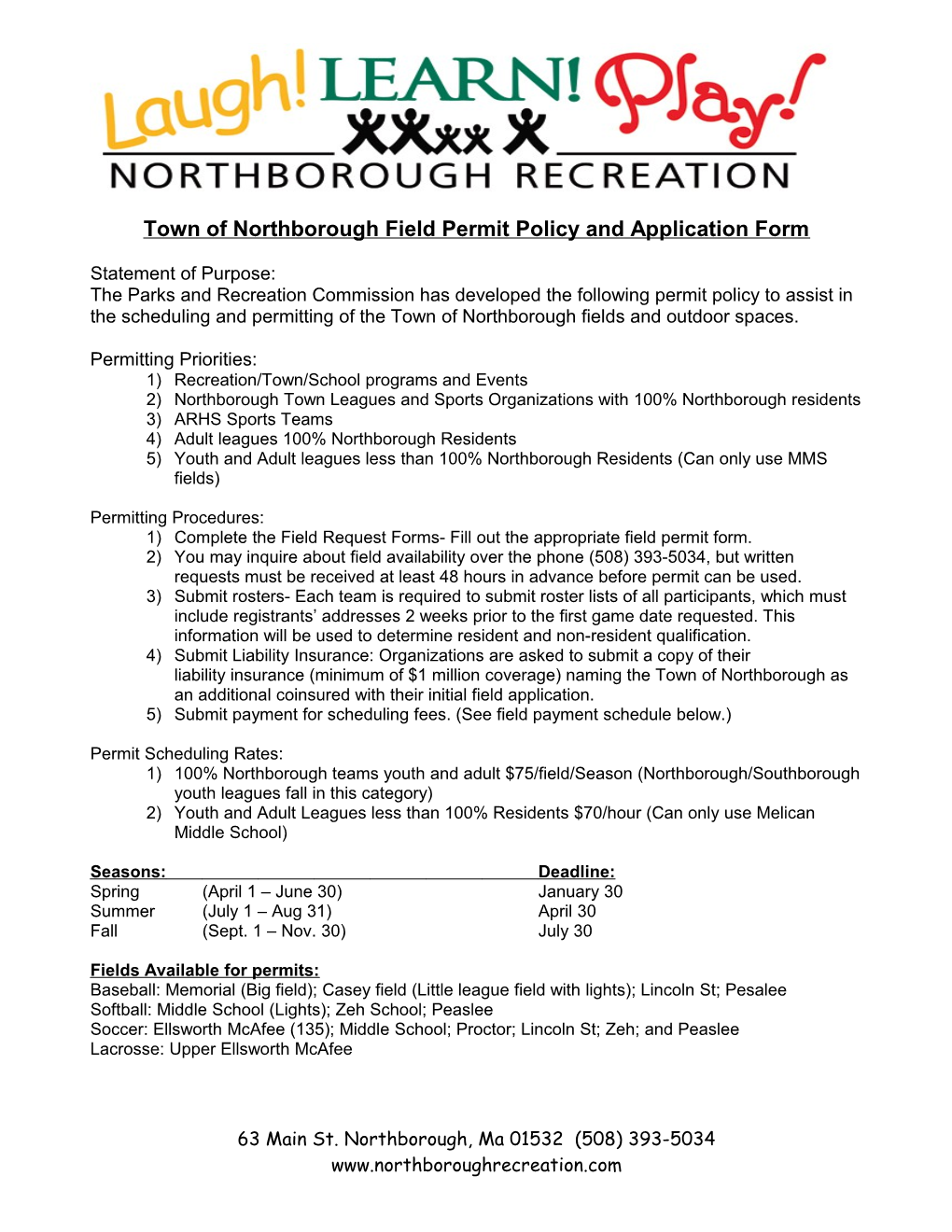 Town of Northborough Field Permit Policy and Application Form