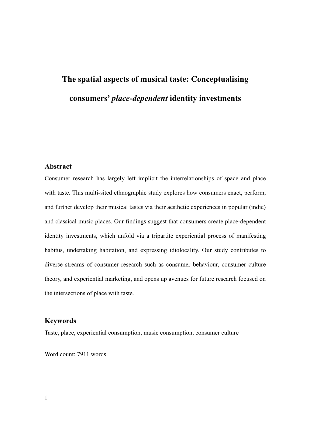 The Spatial Aspects of Musical Taste: Conceptualising Consumers Place-Dependent Identity