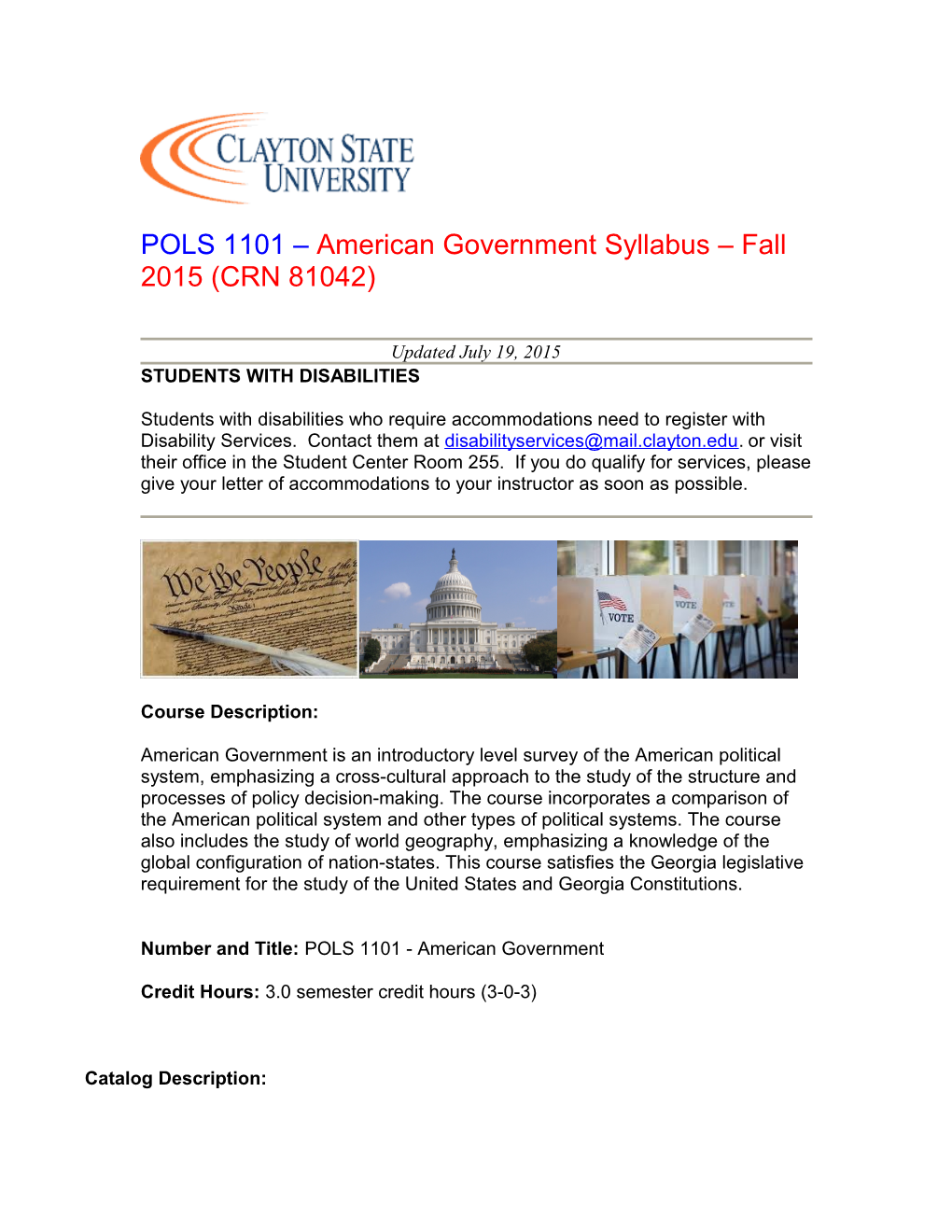POLS1101 American Government Syllabus Fall 2015(CRN 81042)