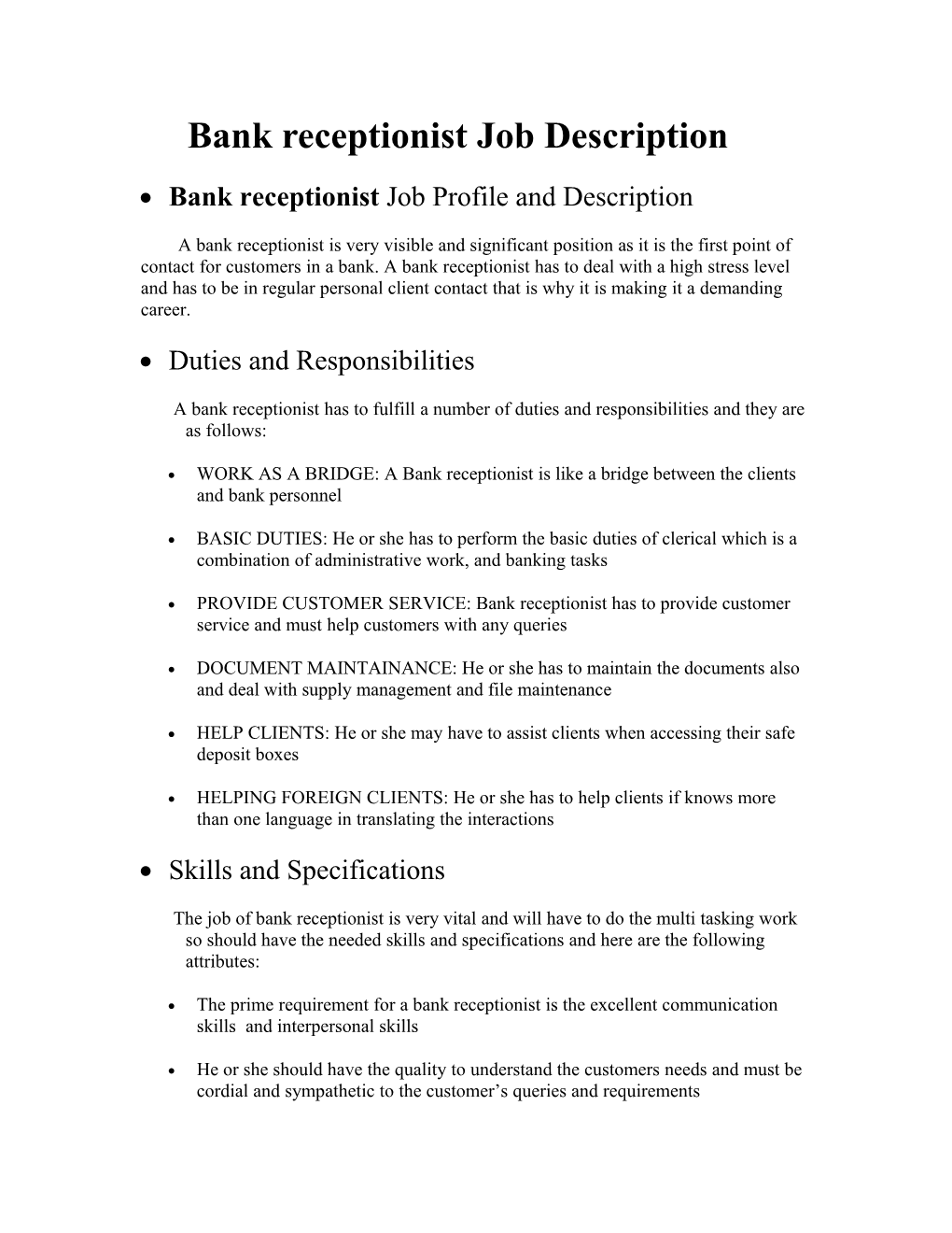 Bank Receptionist Job Description