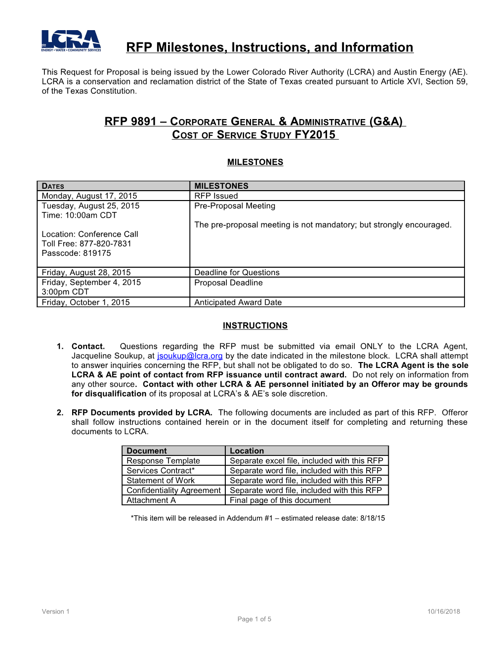 RFP 9891 Corporate General Administrative (G&A)