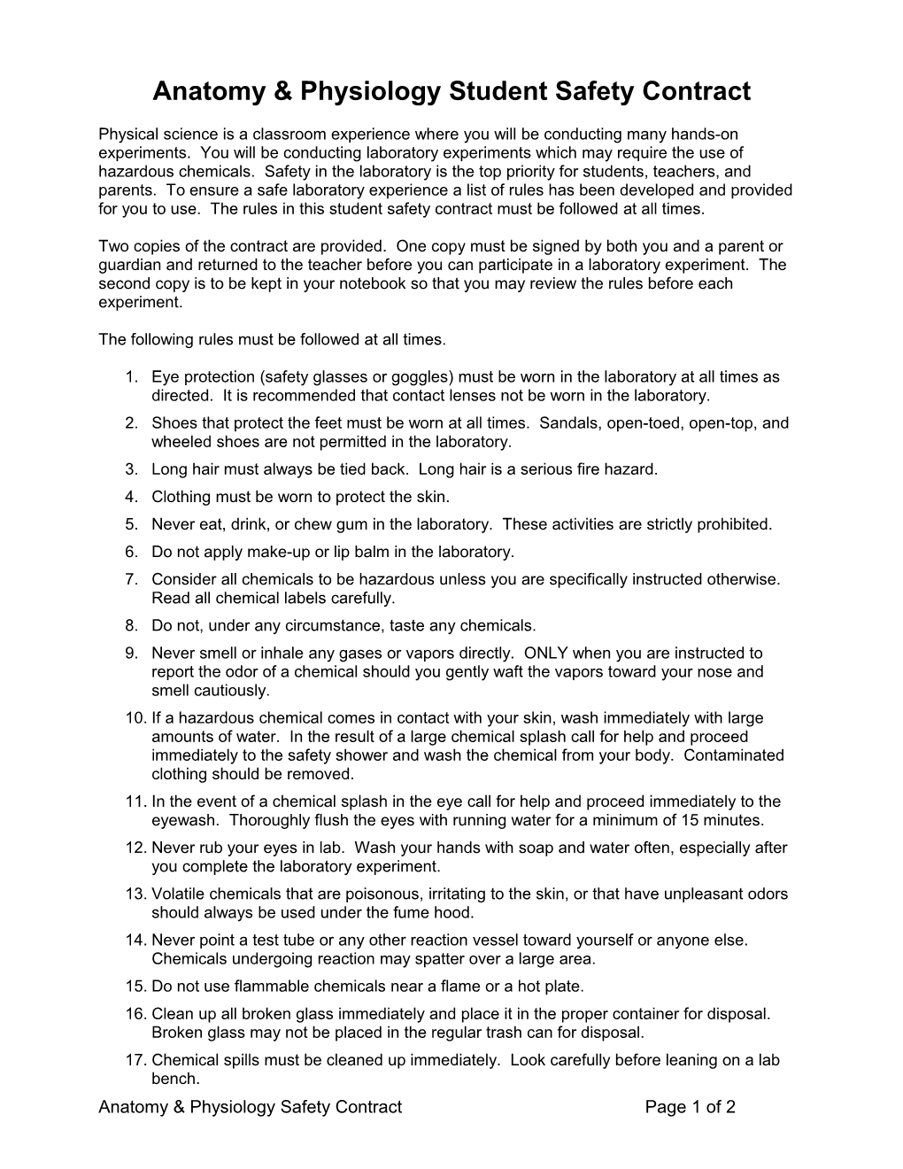 Chemistry Student Safety Contract