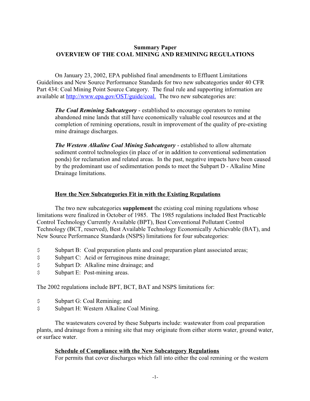 Overview of the Coal Mining and Remining Regulations
