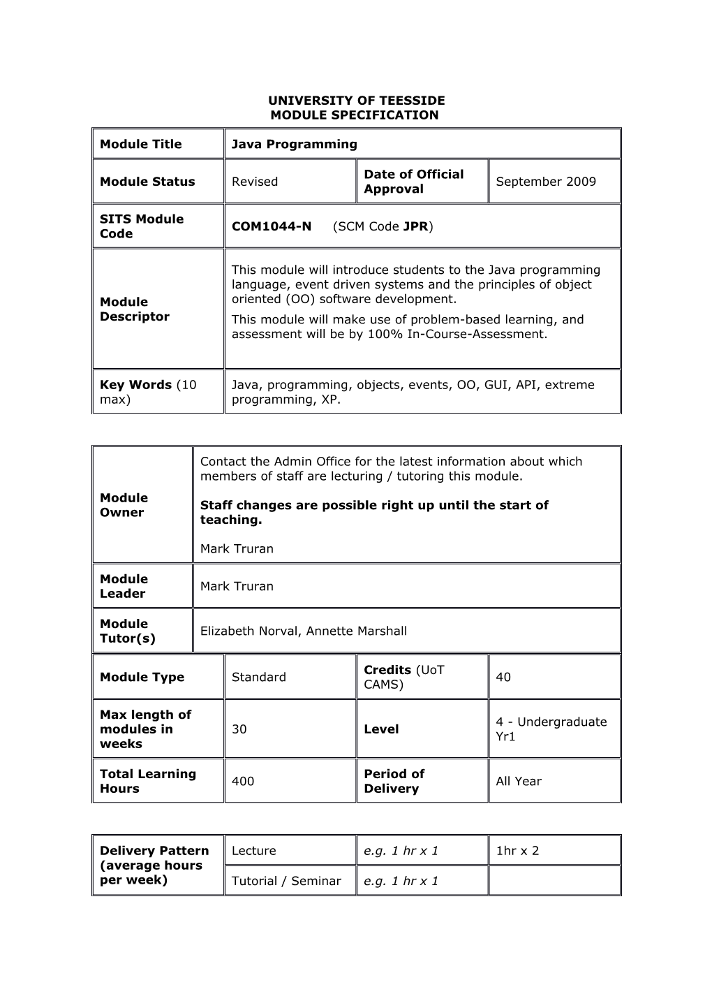 University of Teesside Module Specification