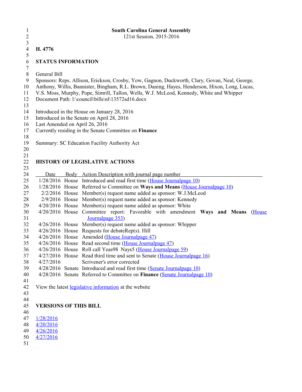 2015-2016 Bill 4776: SC Education Facility Authority Act - South Carolina Legislature Online