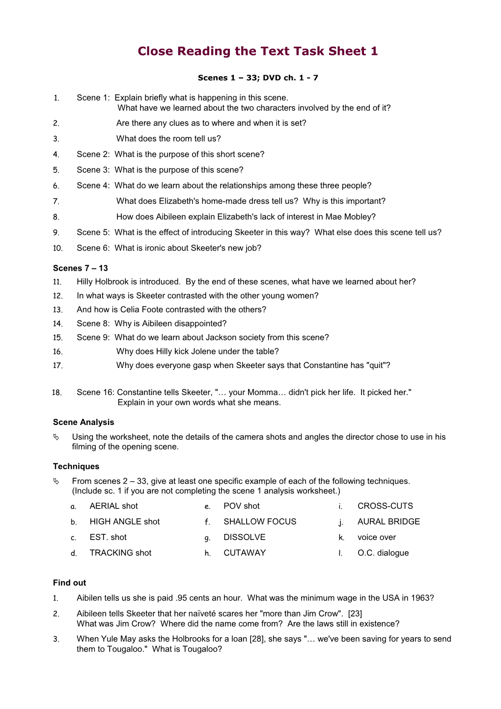 Close Reading the Text Task Sheet 1