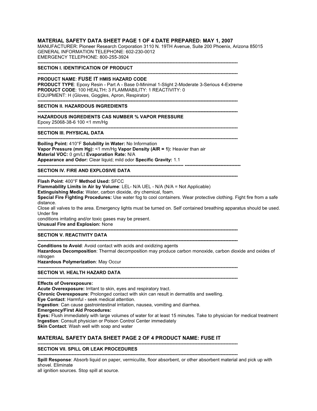 Material Safety Data Sheet Page 1 of 4 Date Prepared: May 1, 2007