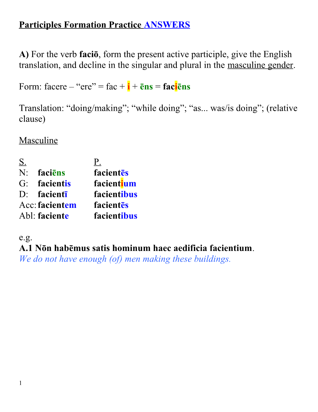 Participles Formation Practice ANSWERS