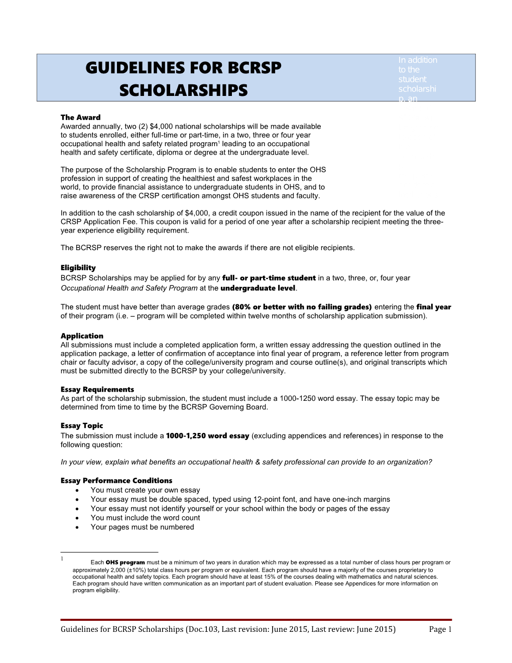 Guidelines for Bcrsp Scholarships