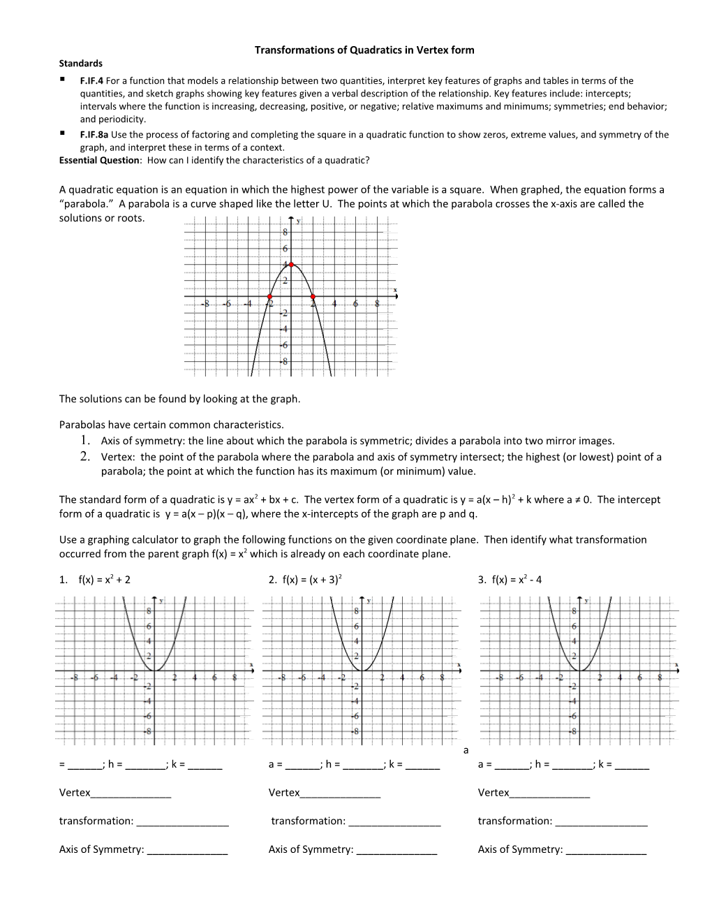 Transformations of Quadratics in Vertex Form