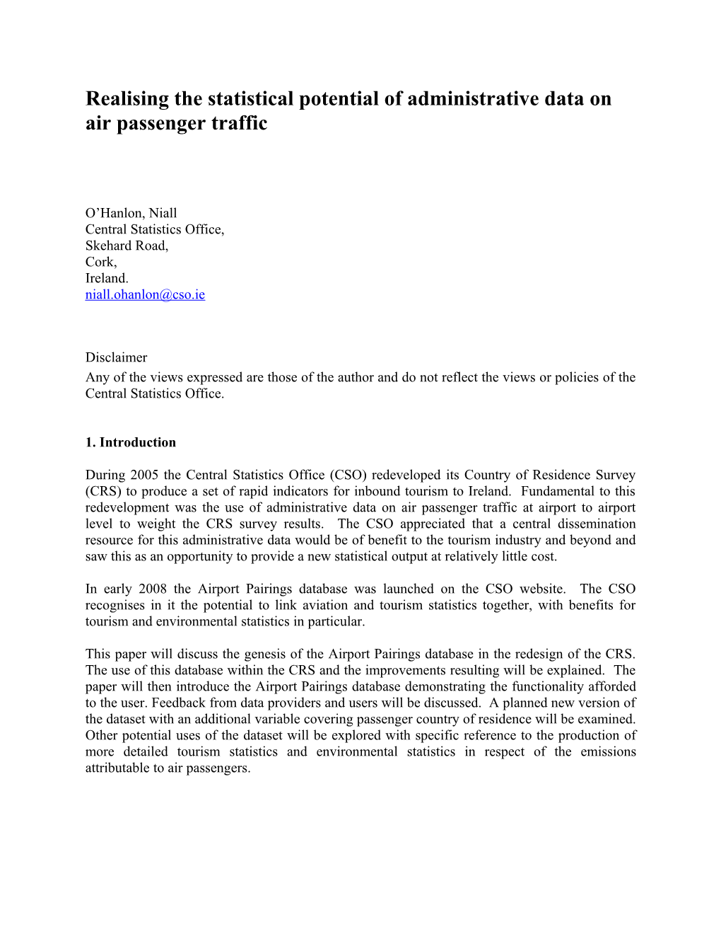 Realising the Statistical Potential of Administrative Data on Air Passenger Traffic