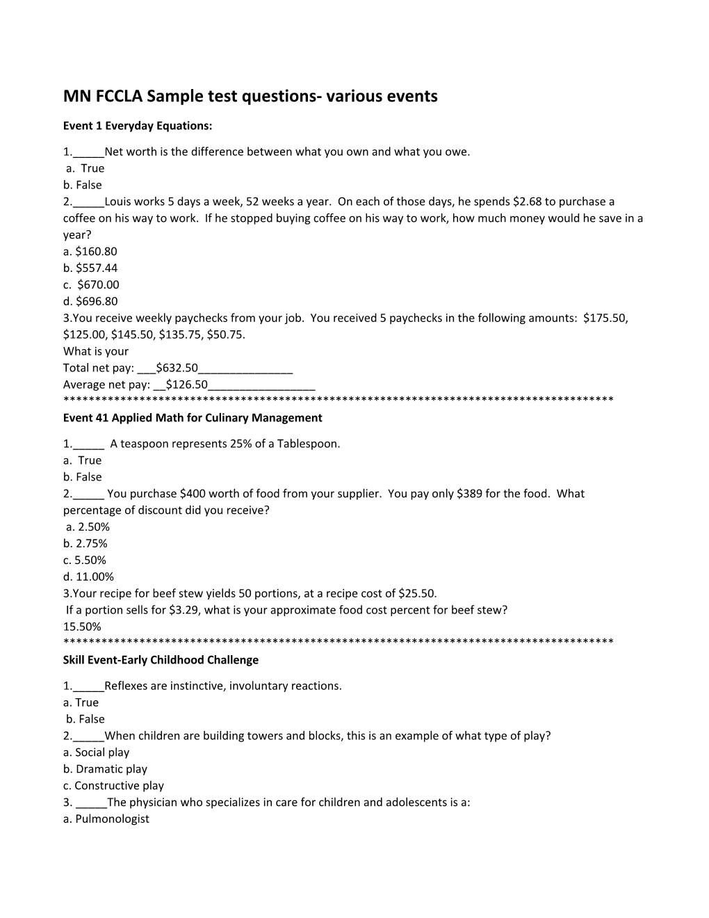 MN FCCLA Sample Test Questions- Various Events