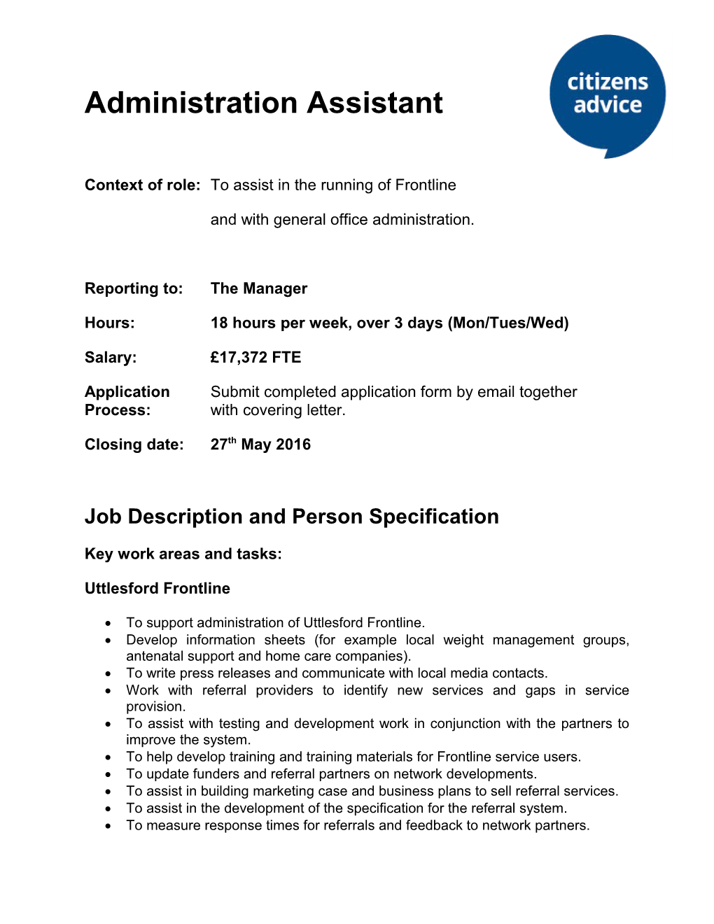 Administrative Support (Debt) Job Description and Person Specification