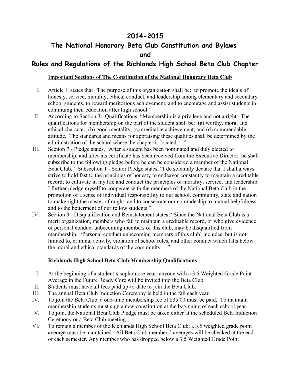 The National Honorary Beta Club Constitution and Bylaws