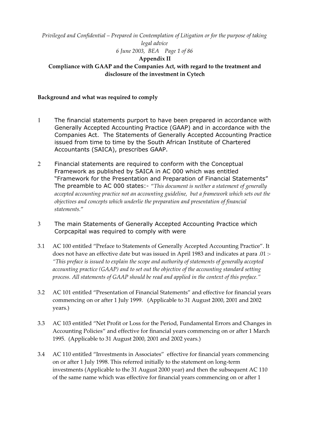 Gaap and the Treatment of the Investment in Cytech in 2000 and 2002 in the Annual Financial