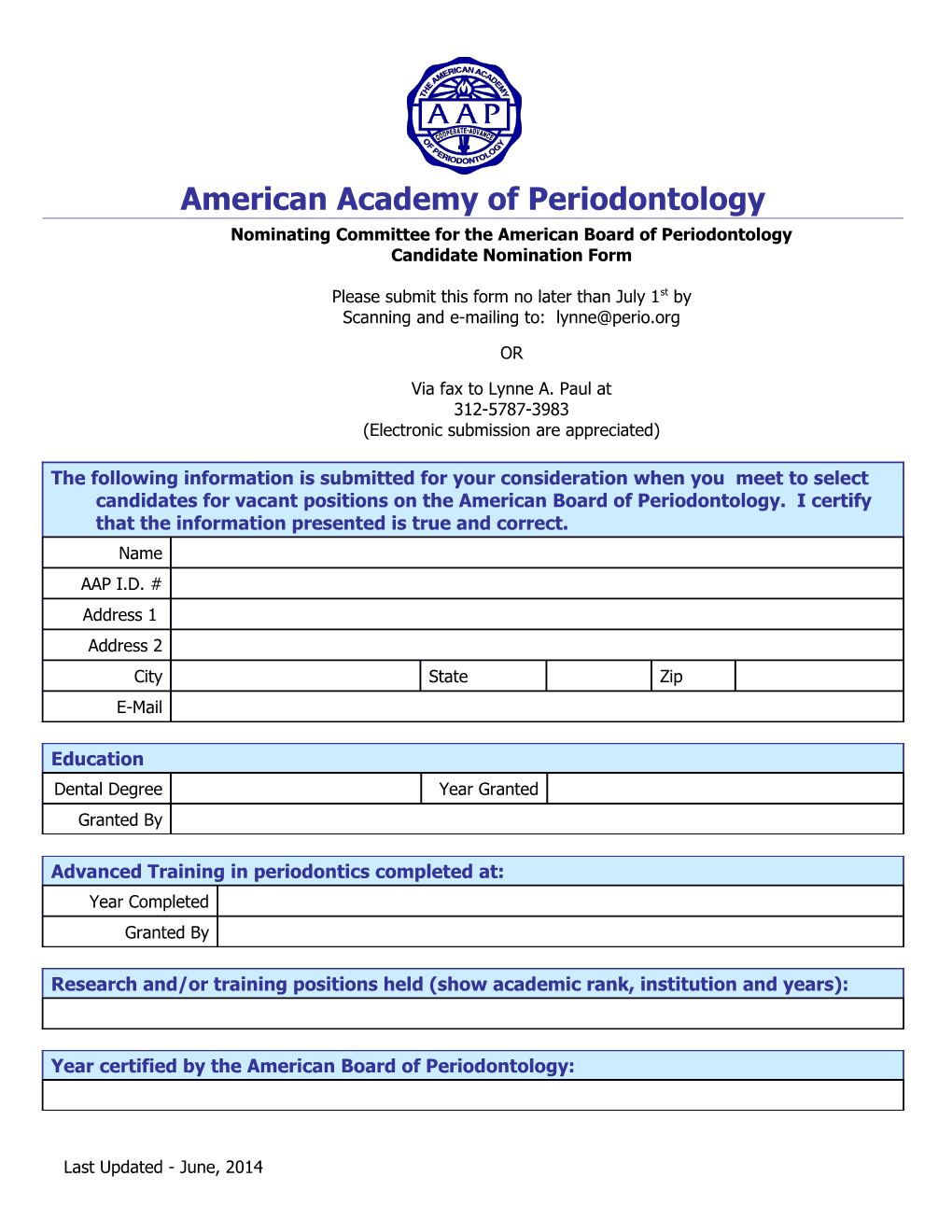 Nominating Committee for the American Board of Periodontology