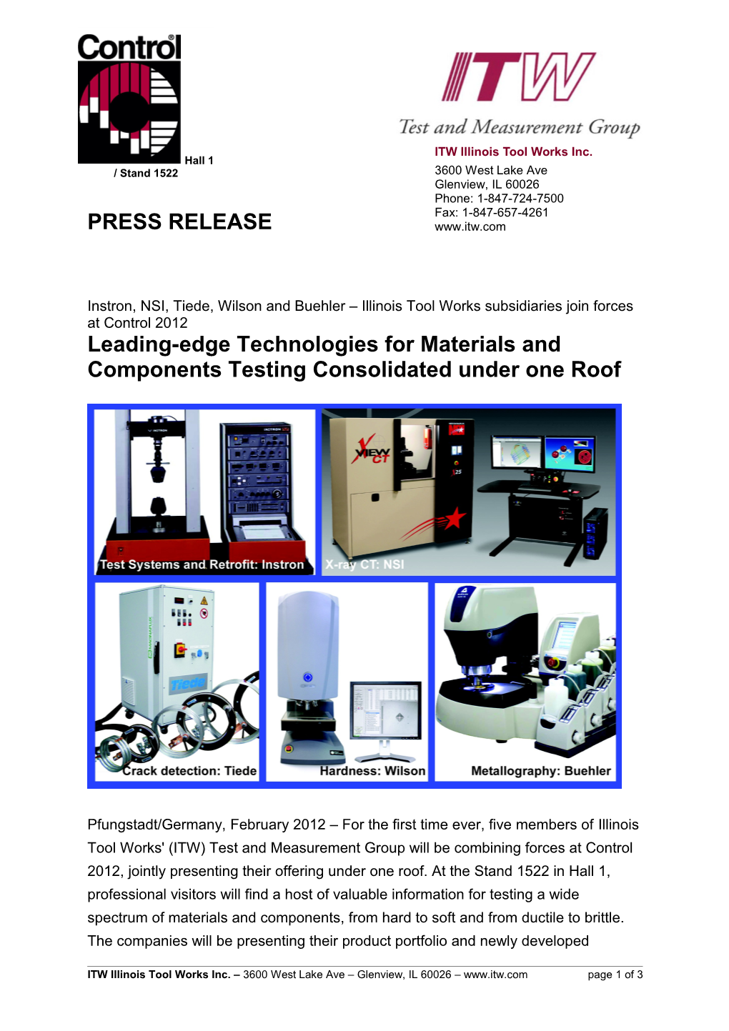 Page 1 of the Press Release: Instron, NSI, Tiede, Wilson and Buehler Illinois Tool Works