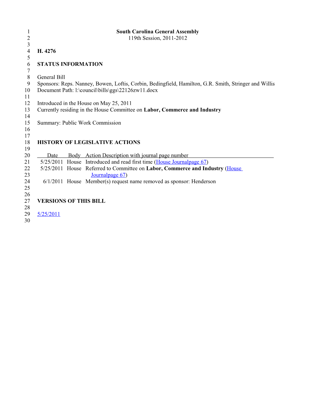 2011-2012 Bill 4276: Public Work Commission - South Carolina Legislature Online