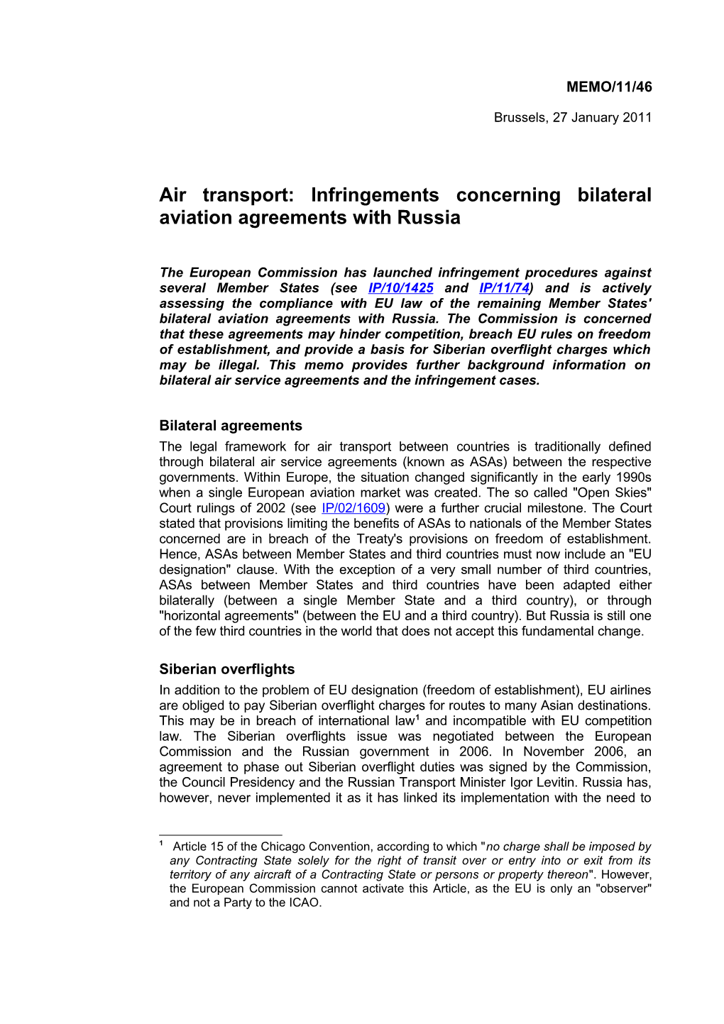 Air Transport: Infringements Concerning Bilateral Aviation Agreements with Russia