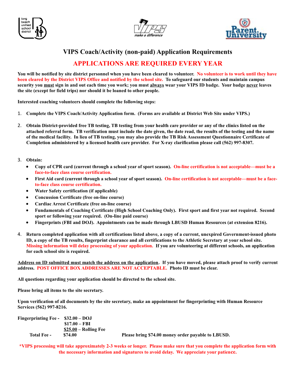 VIPS Coach/Activity (Non-Paid) Application Requirements