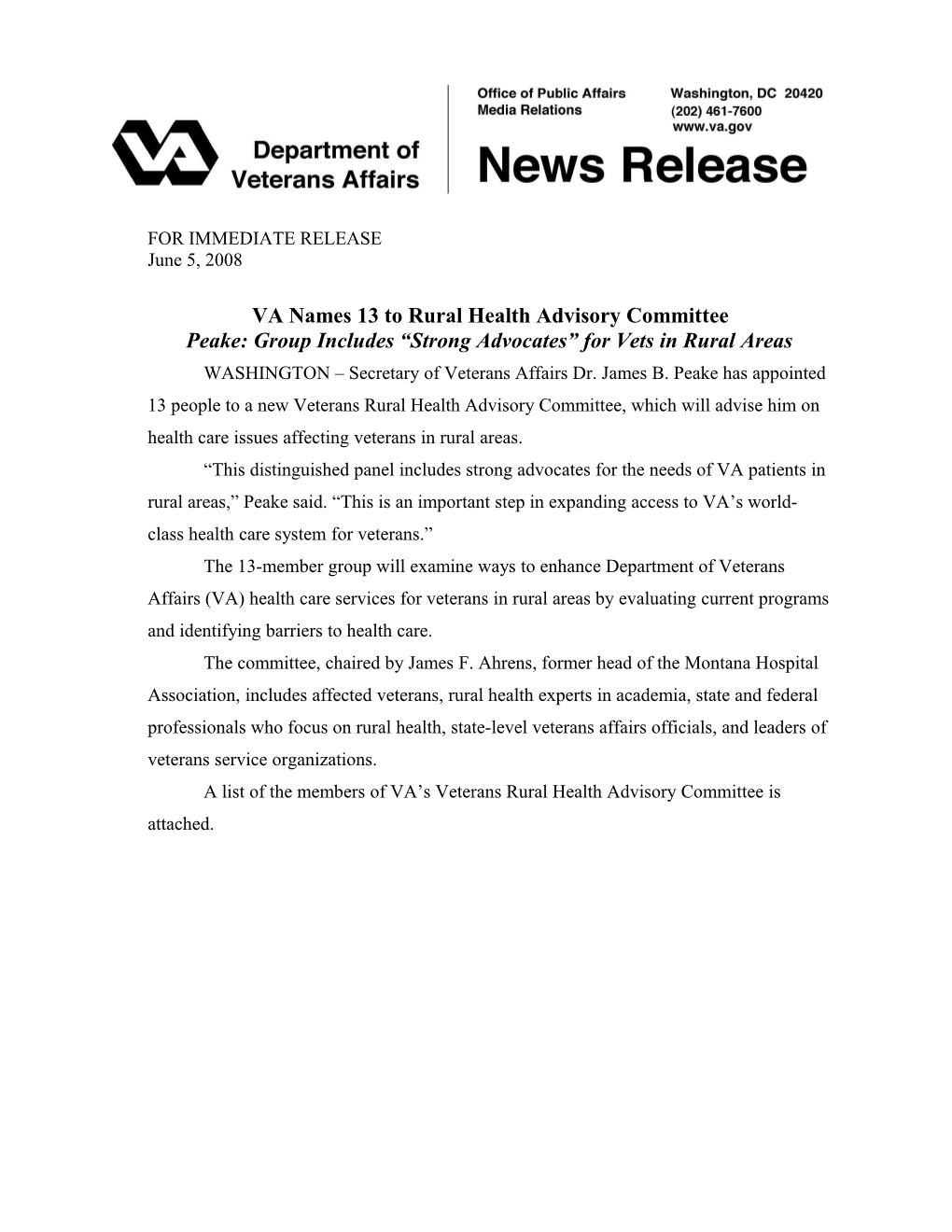 VA Names 13 to Rural Health Advisory Committee