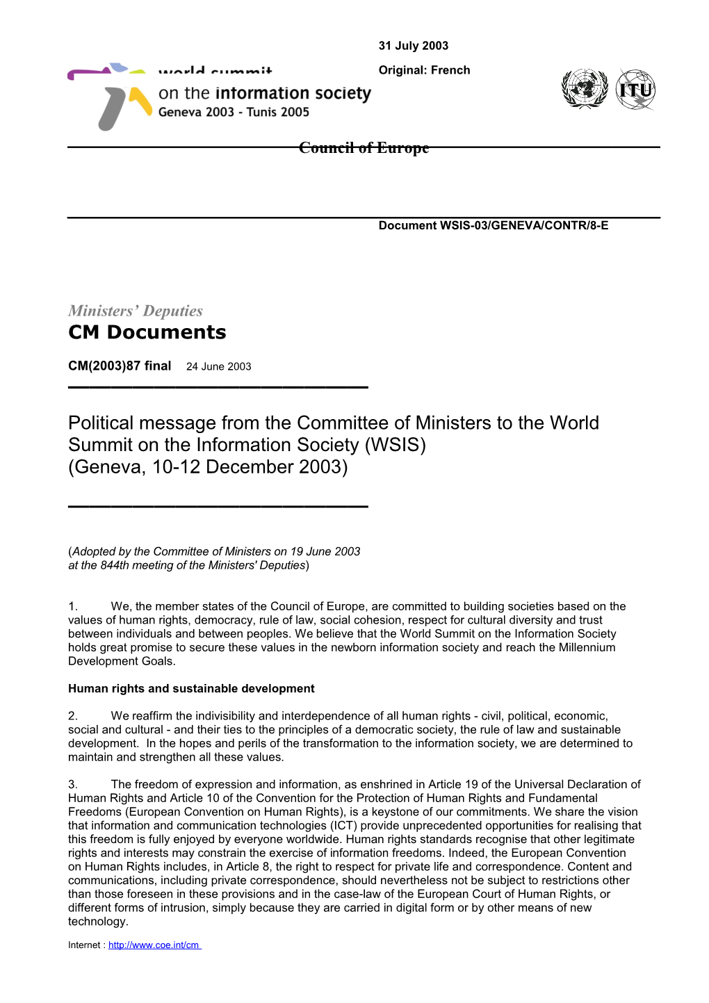 CM(2003)87 Final Political Message from the Committee of Ministers to the World Summit