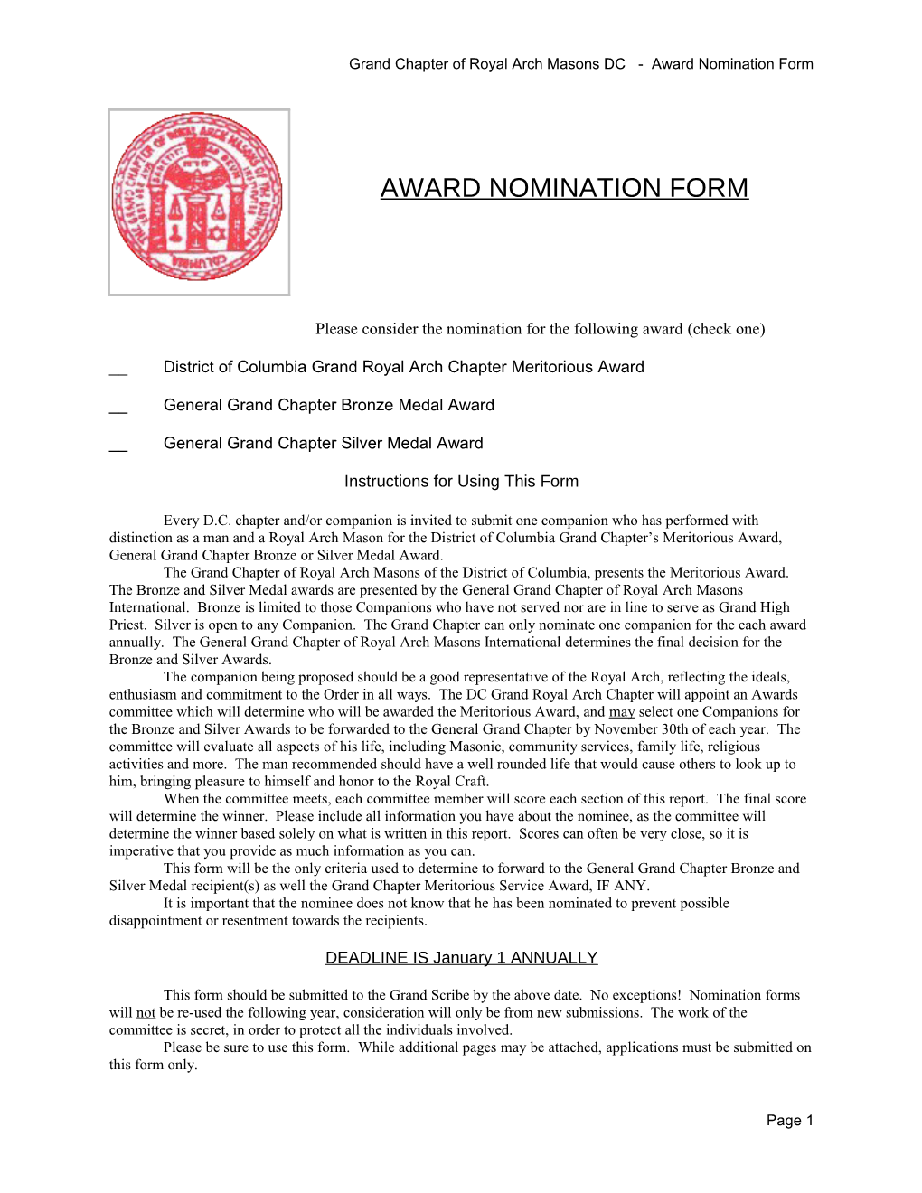 Grand Chapter of Royal Arch Masons DC - Award Nomination Form