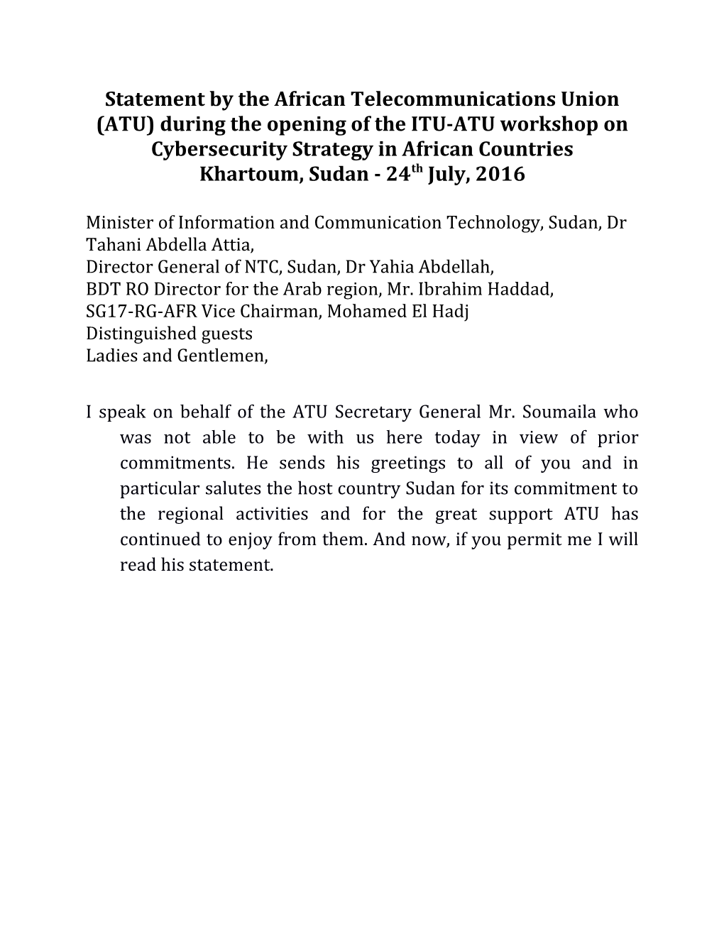 Statement by the African Telecommunications Union (ATU) During the Opening of the ITU-ATU