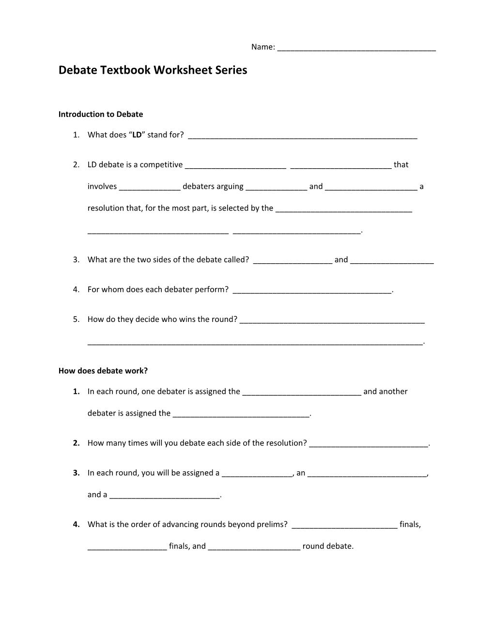 Debate Textbook Worksheet Series