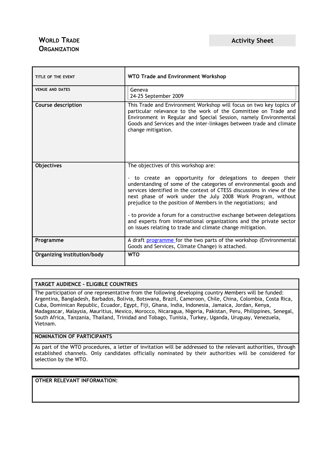 WTO Workshop on Trade and Environment