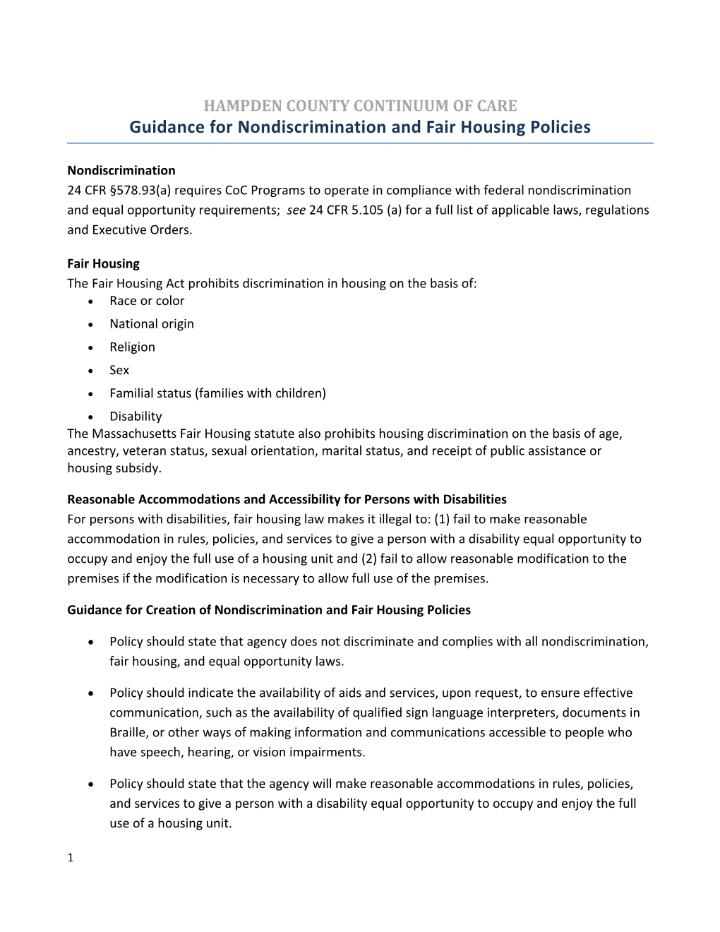 Guidance for Nondiscrimination and Fair Housing Policies