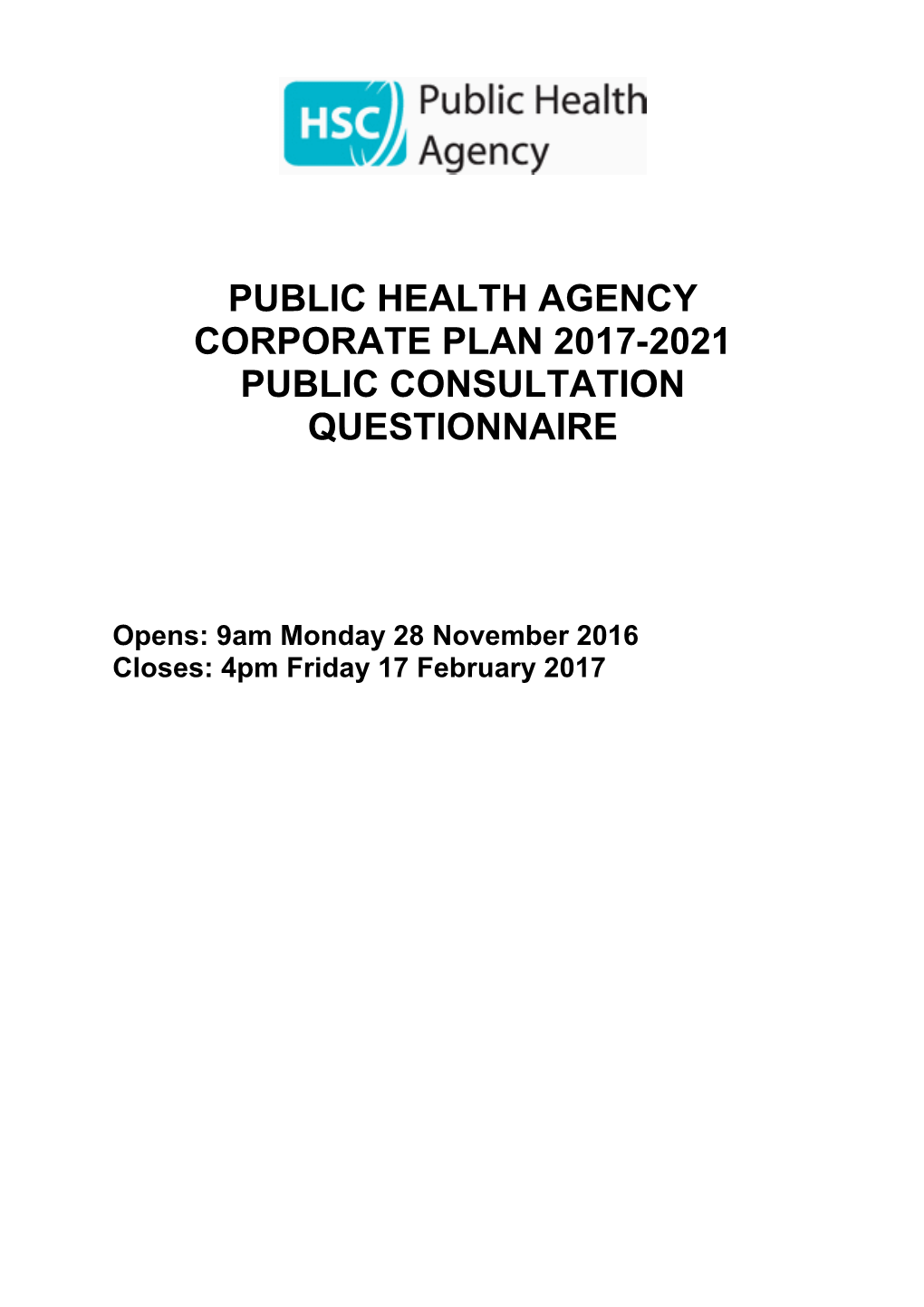 Public Health Agency Corporate Plan Public Consultation Quetionnaire