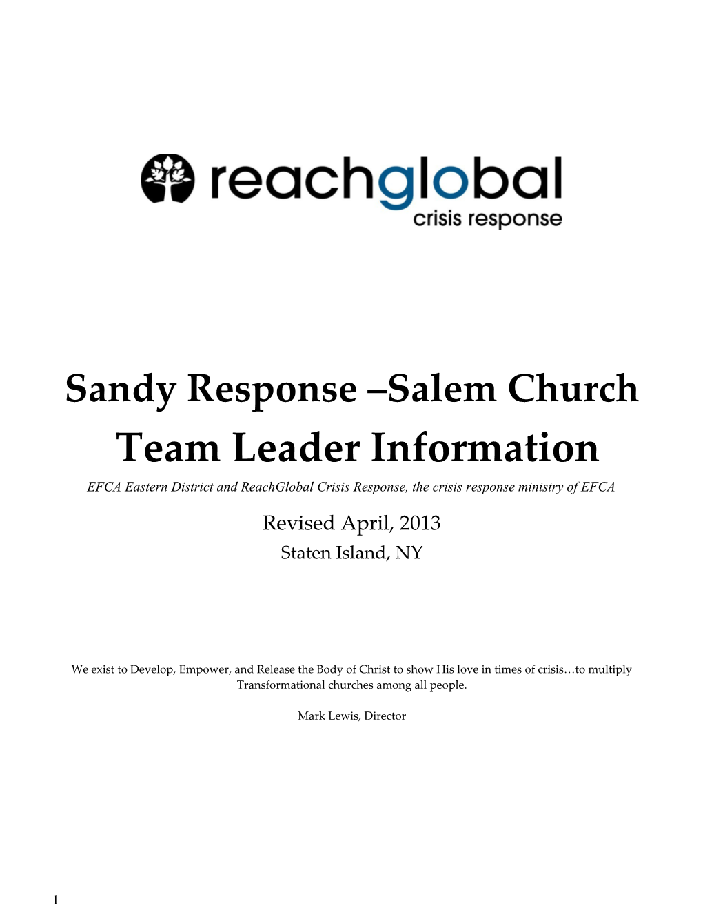Sandy Response Salem Church Team Leader Information
