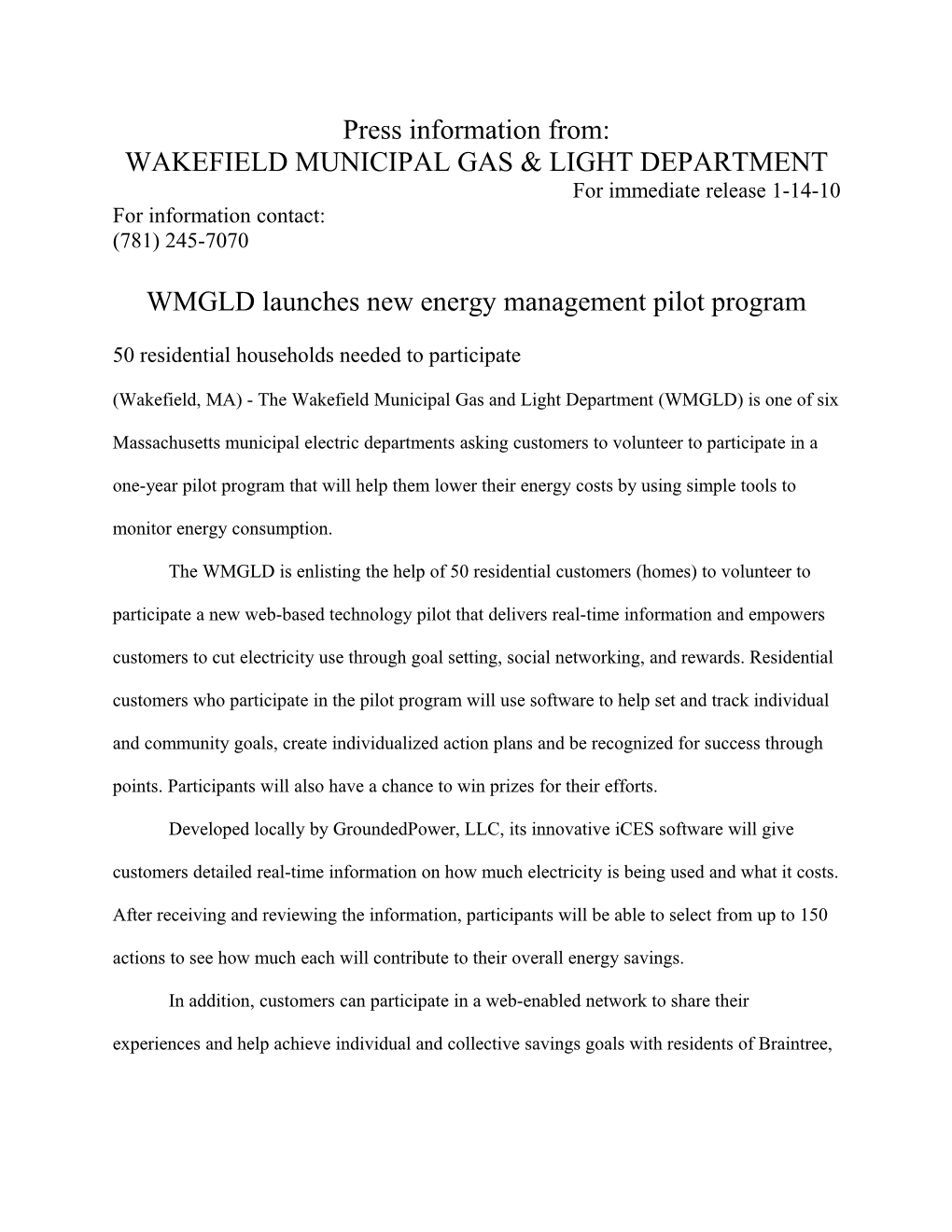 Wakefield Municipal Gas and Light Department Launches New Energy Management Program