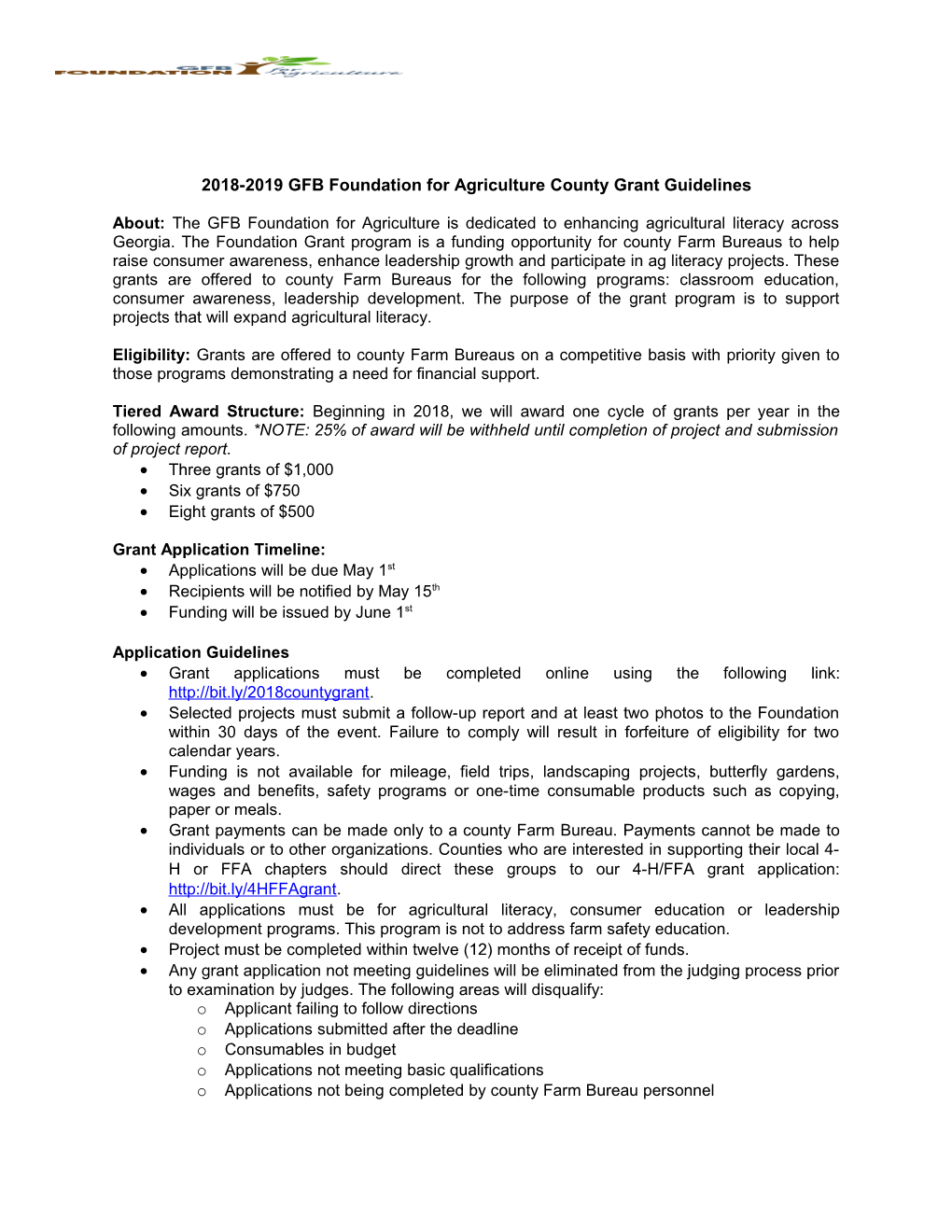 2018-2019 GFB Foundation for Agriculture County Grant Guidelines