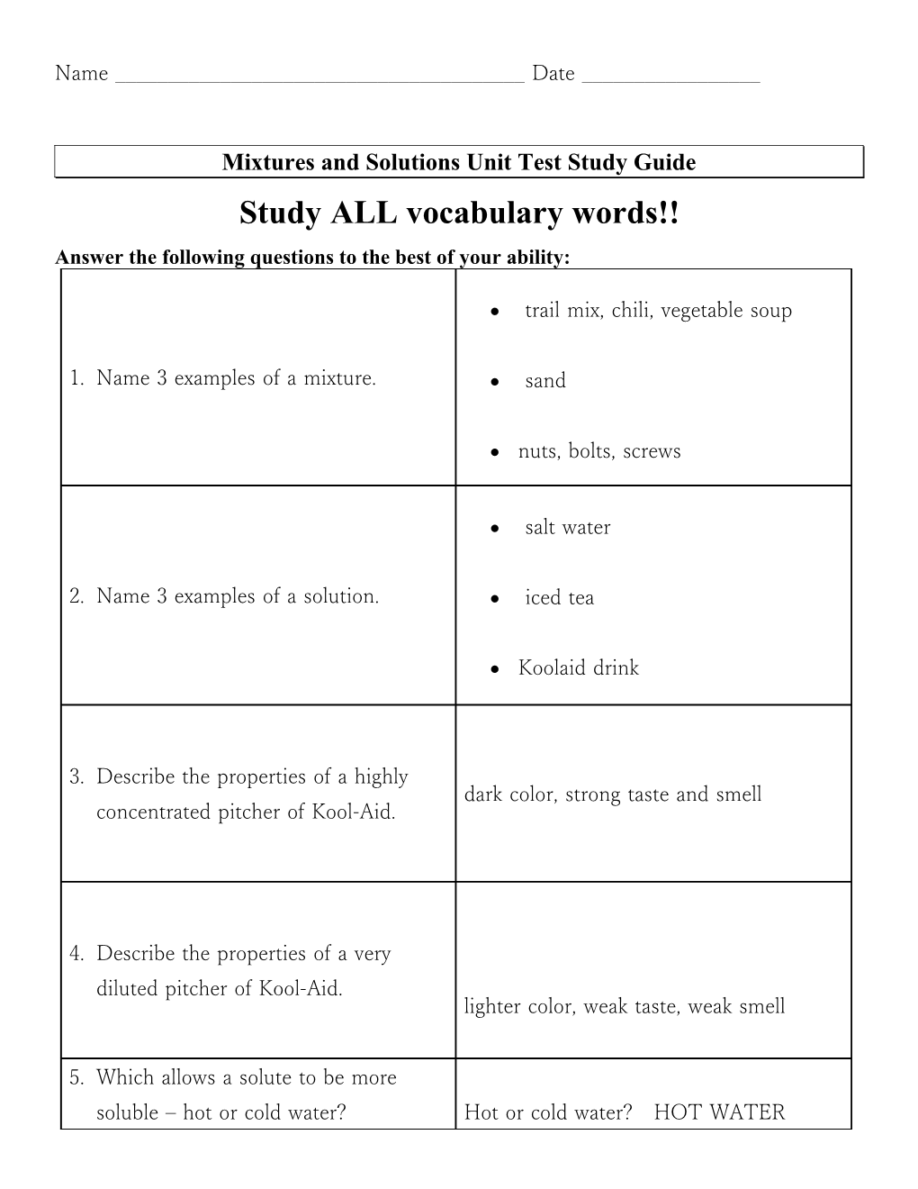 Mixtures and Solutions Unit Test Study Guide