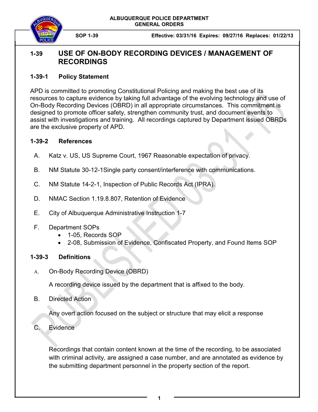 1-39 Use of On-Body Recording Devices/Management of Recordings