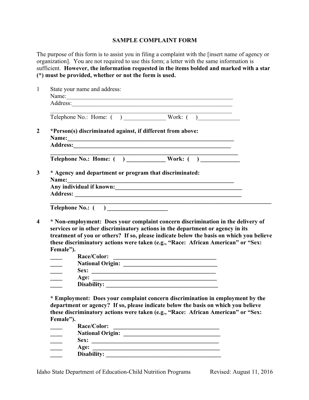 Sample Complaint Form