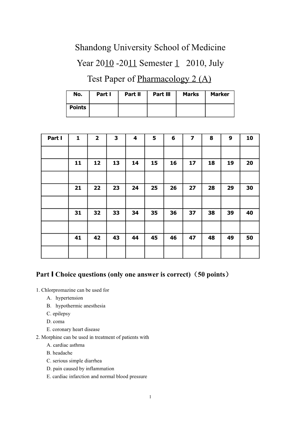 Pharmacology Exam for Grade 2007 Oversea Students (A)