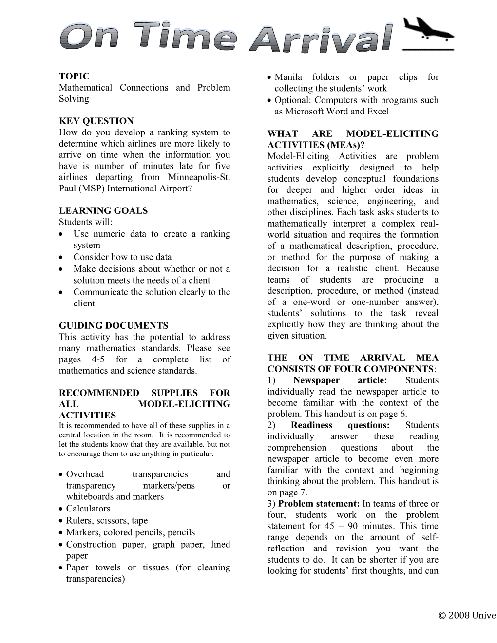 2008 University of Minnesotapurdue University on Time Arrival Model-Eliciting Activity 1