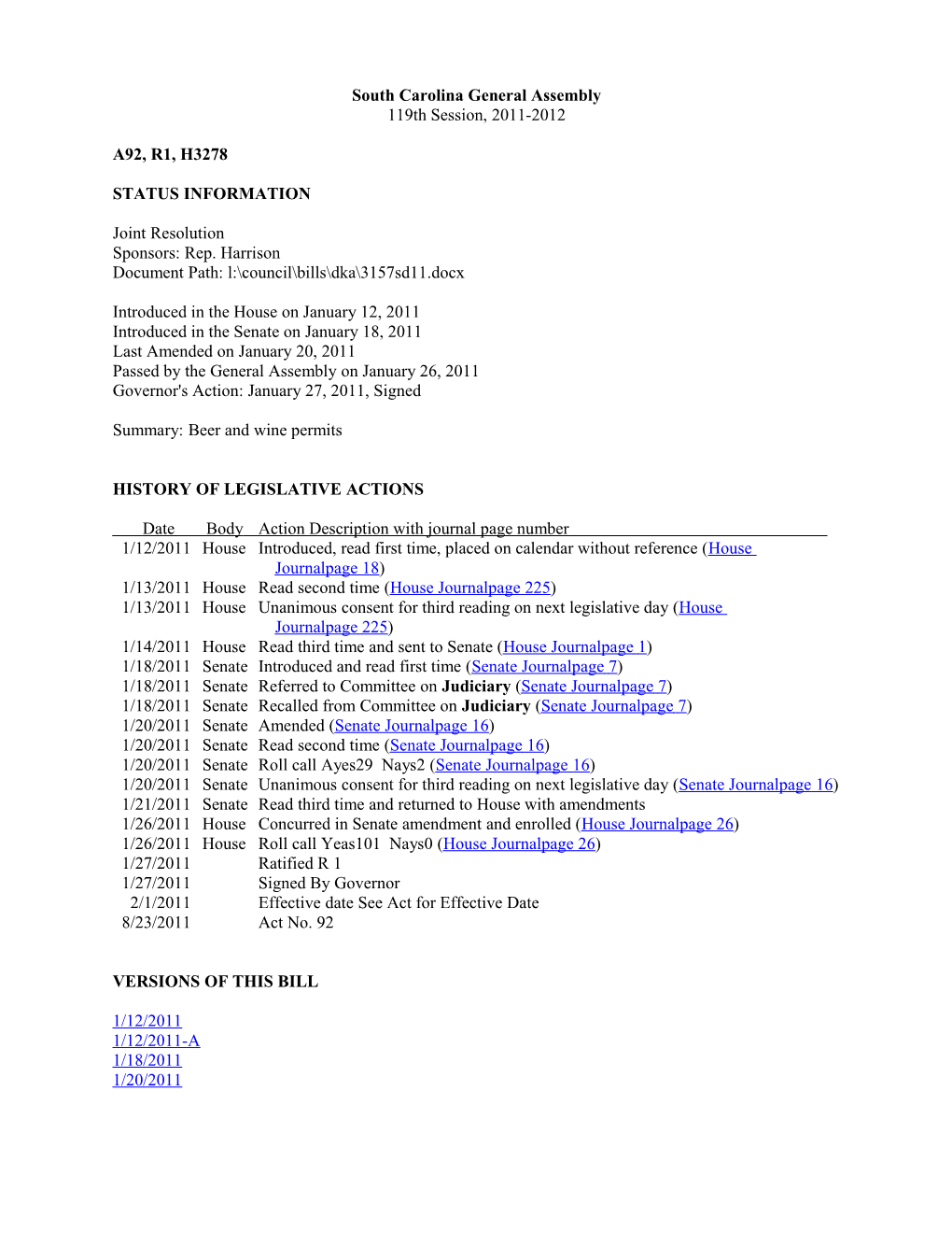 2011-2012 Bill 3278: Beer and Wine Permits - South Carolina Legislature Online