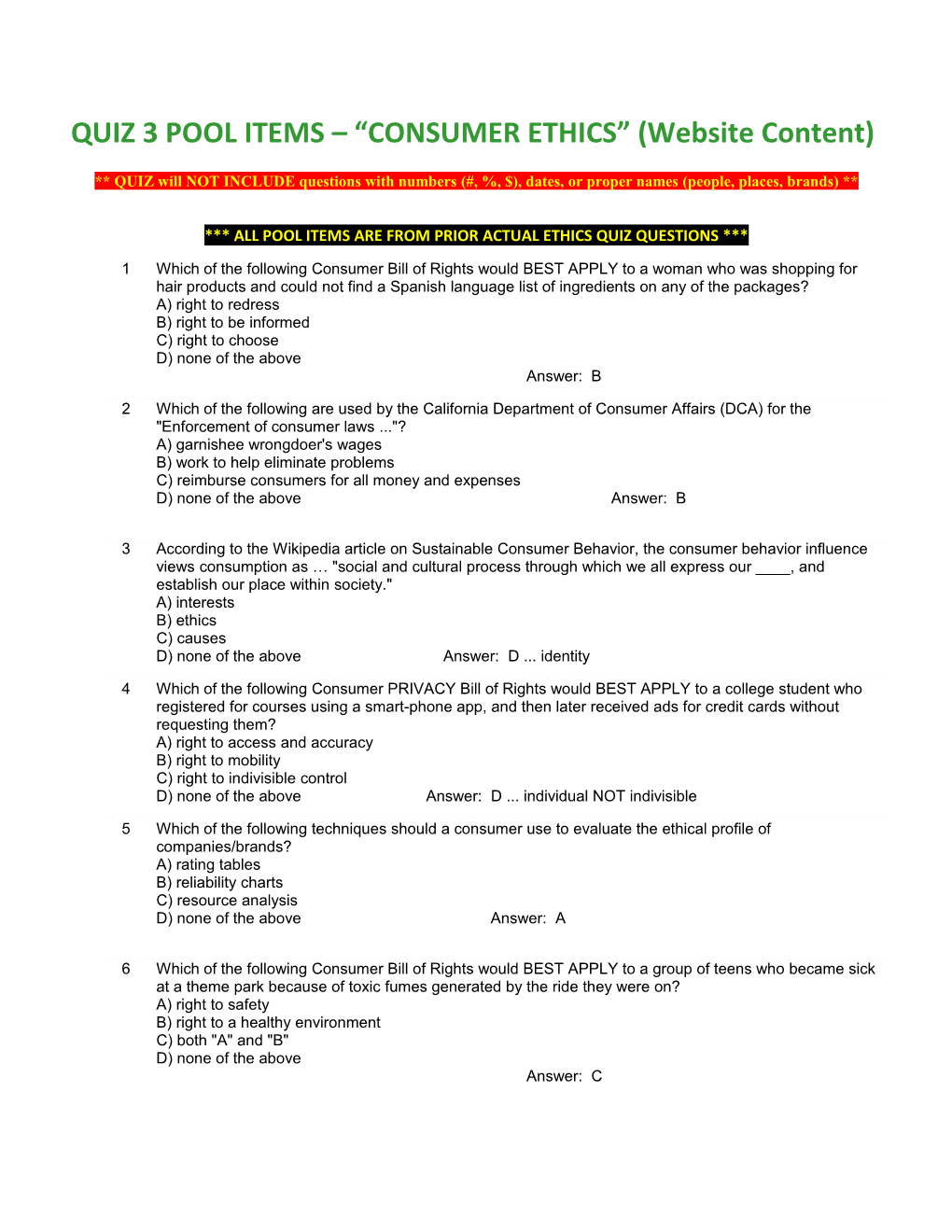 QUIZ 3 POOL ITEMS CONSUMER ETHICS (Website Content)