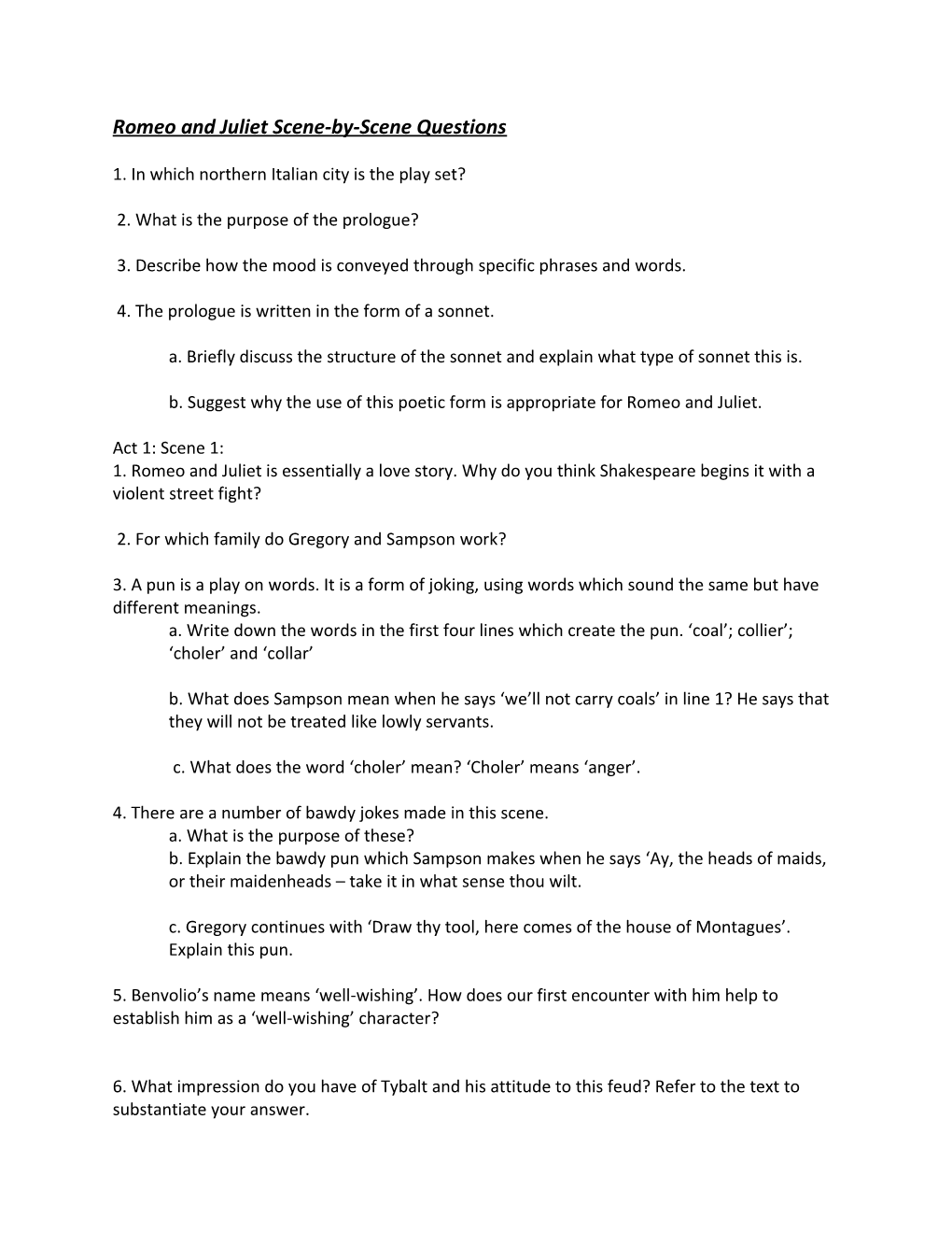 Romeo and Juliet Scene-By-Scene Questions