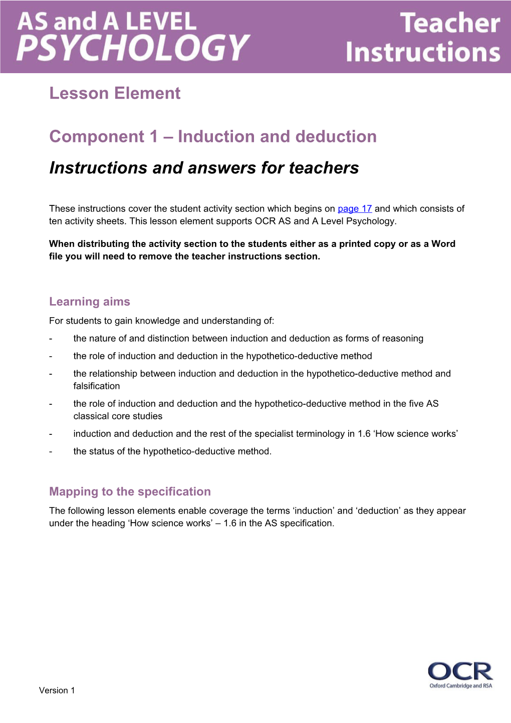 OCR AS and a Level Psychology Lesson Element - Induction and Deduction