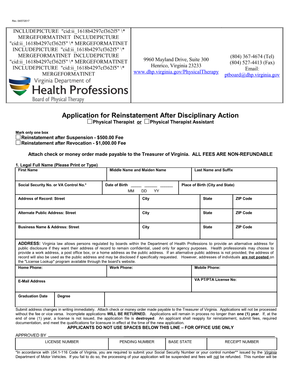 Application for License by Reinstatement to Practice Physical Therapy