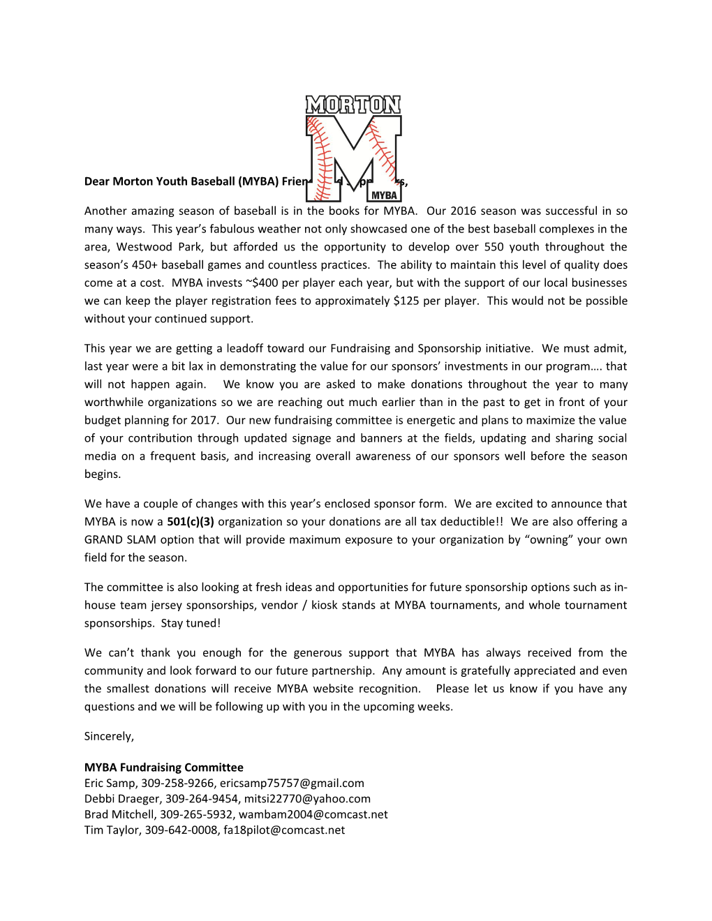 Dear Morton Youth Baseball (MYBA) Friends and Supporters