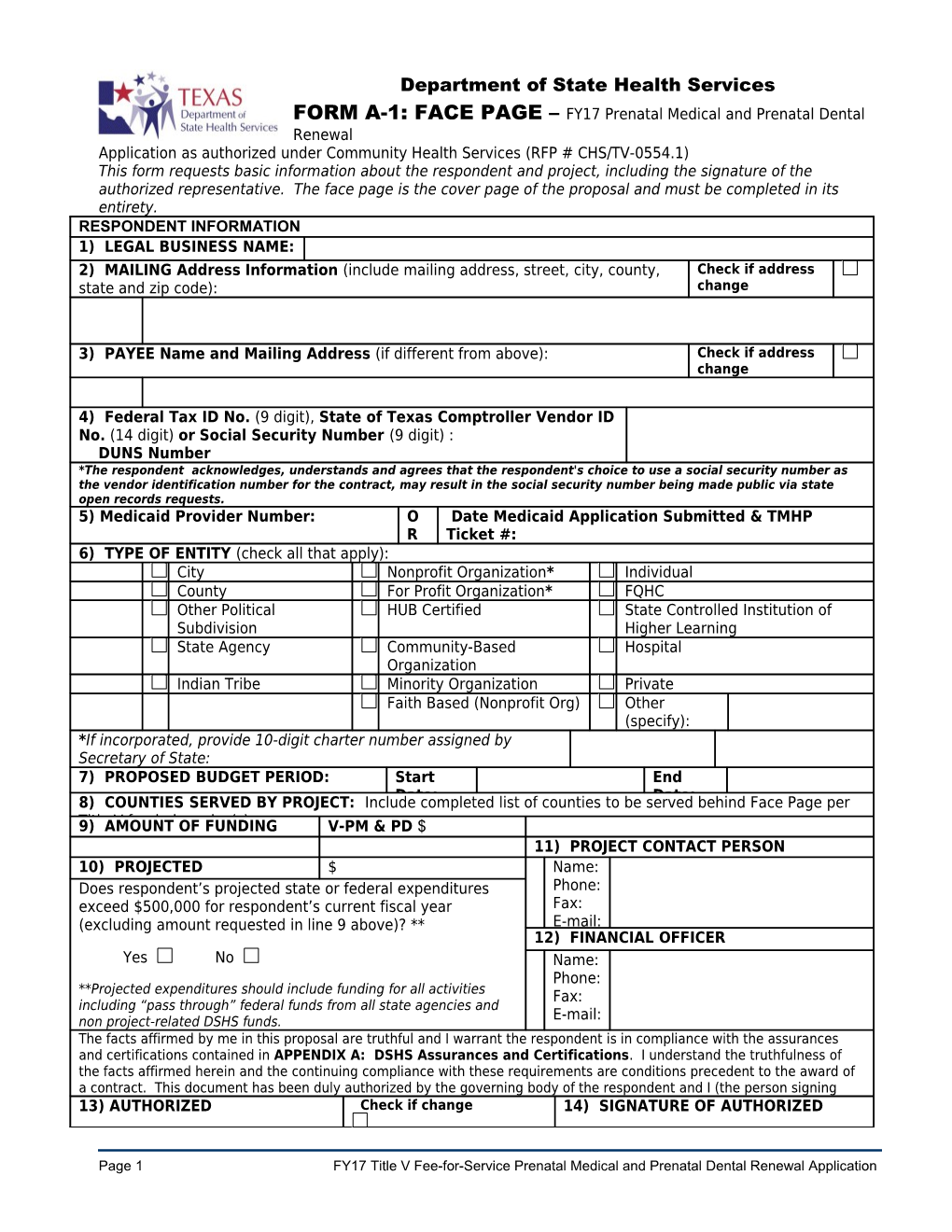 FORM A-1: FACE PAGE Fy17prenatal Medical and Prenatal Dental Renewal