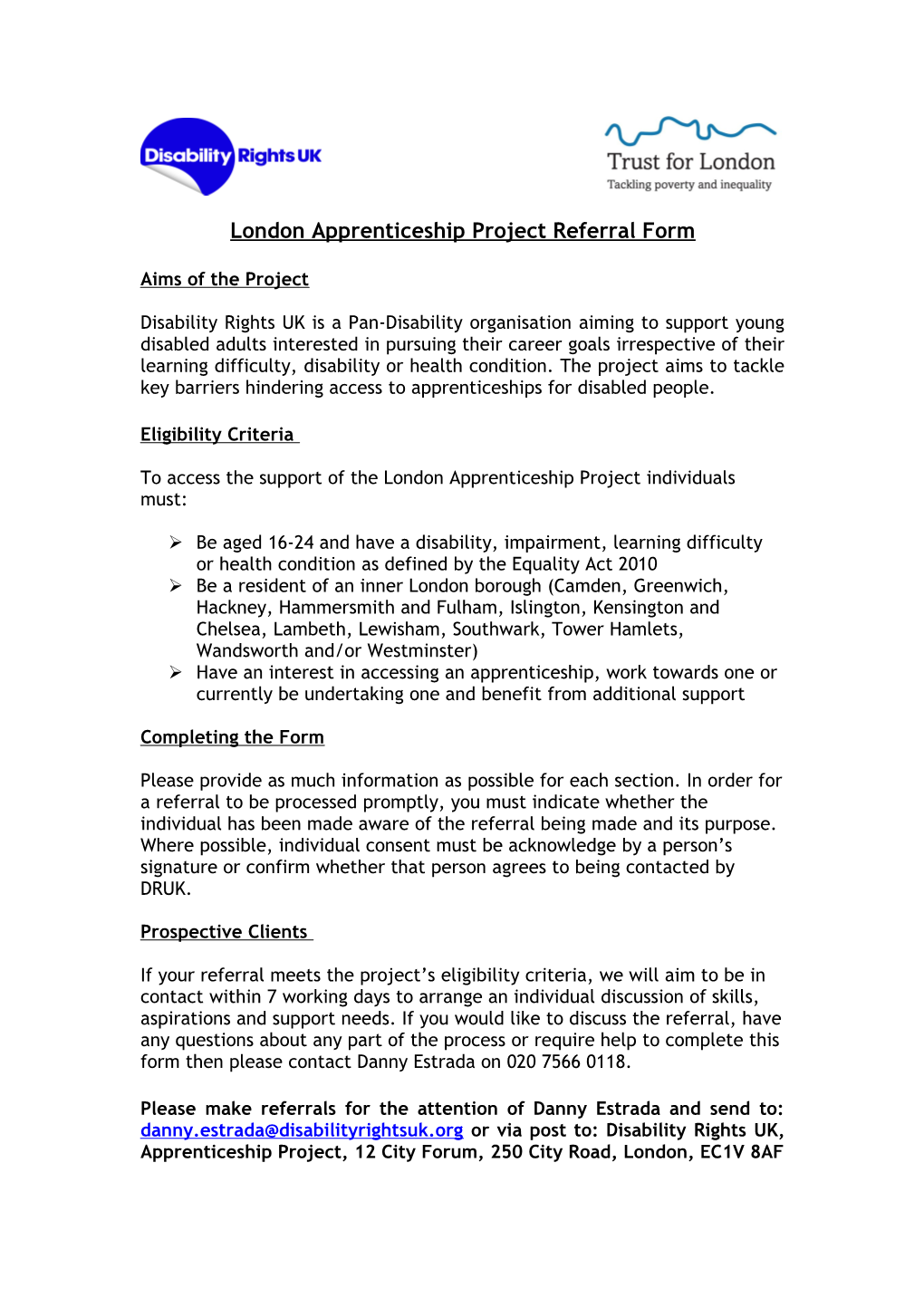 London Apprenticeship Project Referral Form